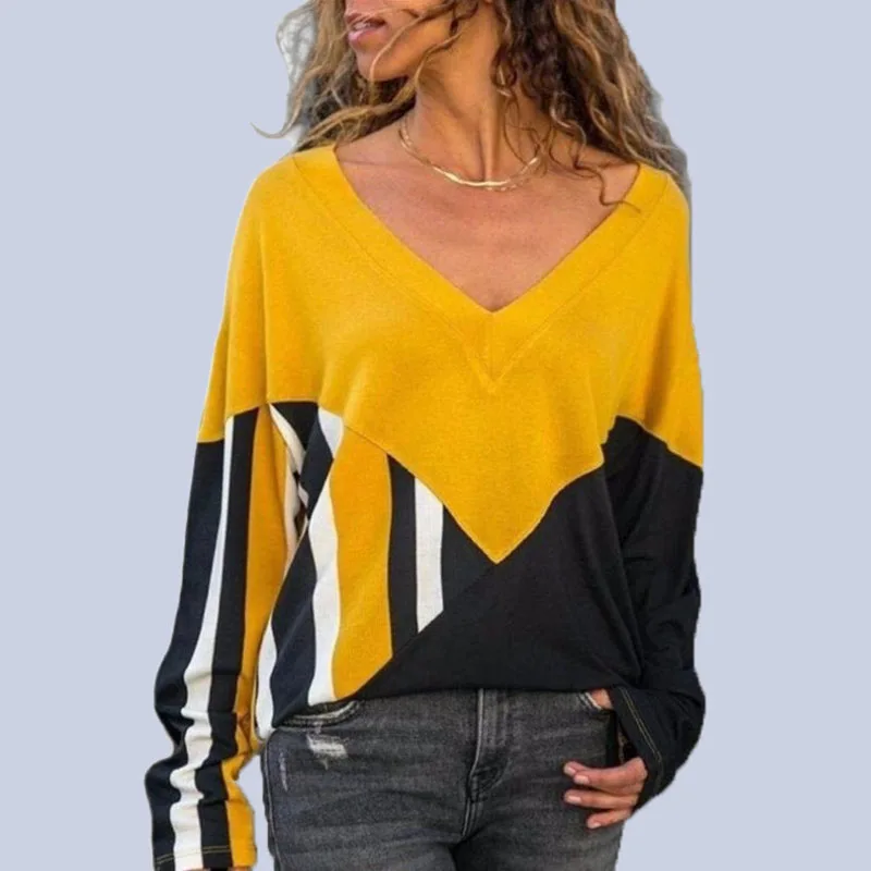 2019 Новая Осенняя полосатая футболка с v-образным вырезом и длинными рукавами