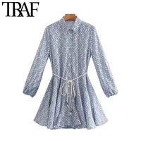traf women chic fashion with belt printed ruffled mini dress vintage long sleeve button up female dresses vestidos