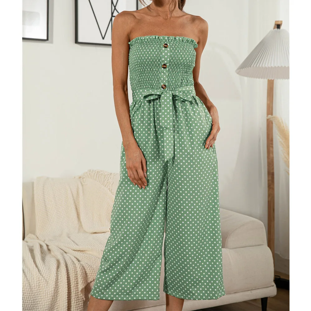 

Strapless Jumpsuit Women Summer Button Sashes Lace-up Wide Legs Pants Polka Dot Beach Boho Romper Casual Streetwear 2021