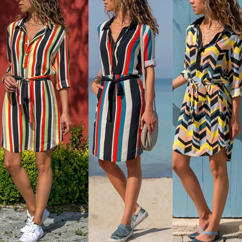 Женское шифоновое платье-рубашка с поясом и длинным рукавом | Женская одежда