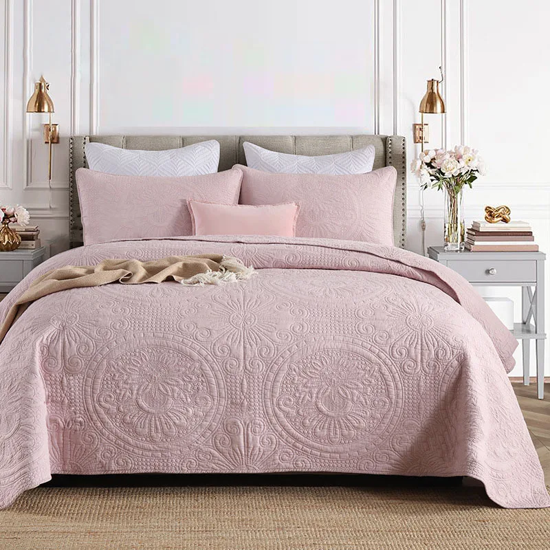 

Solid Color Bedspreads on Bed Quilt Set 3PCS Cotton Double Blanket Embroidered Bed Cover King Queen Size Summer Coverlet CHAUSUB