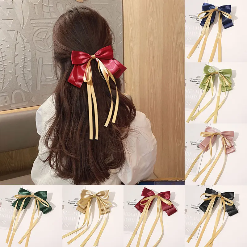 

1PCS Vintage Satin Bow Hair Clip For Women Girls Wedding Long Ribbon Korean Hairpins Barrette Hair Accessories