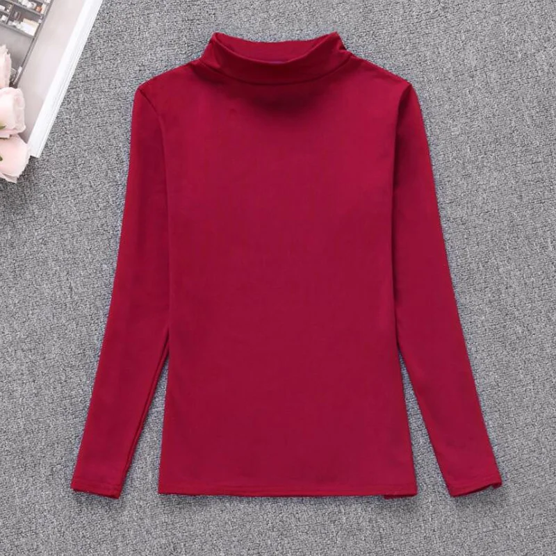

Plus Velvet Turtleneck Long-sleeved T-shirt Women's Warm Bottoming Shirt Korean Solid Cotton Autumn Winter Basic Pullover Tshirt