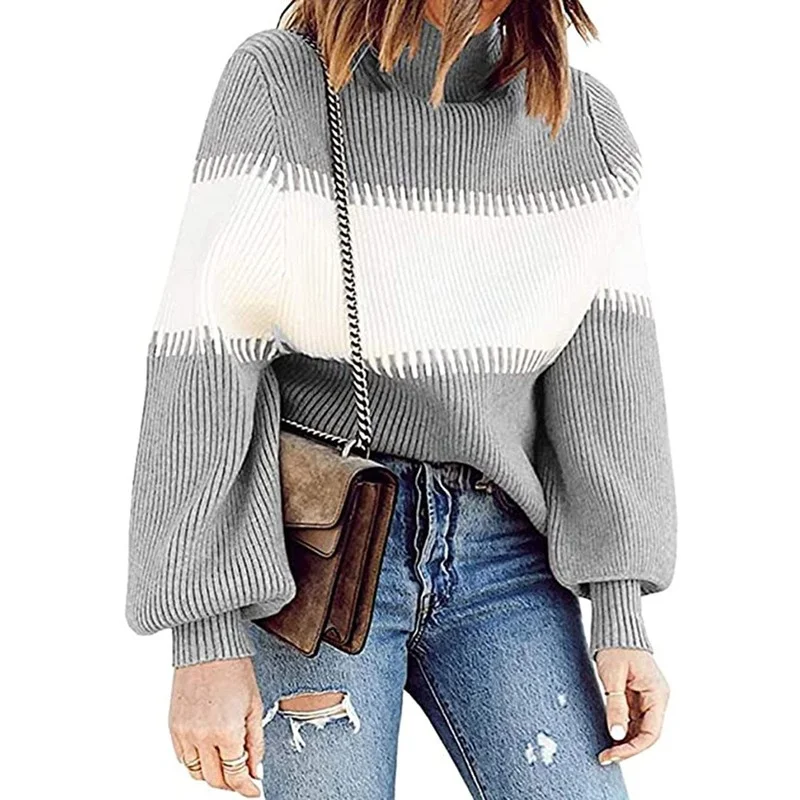 

High-neck Lantern Sleeve Sweater New Casual High-neck Pit Strip Loose Sweater Women's Winter Clothing Sweater Women's Pullover
