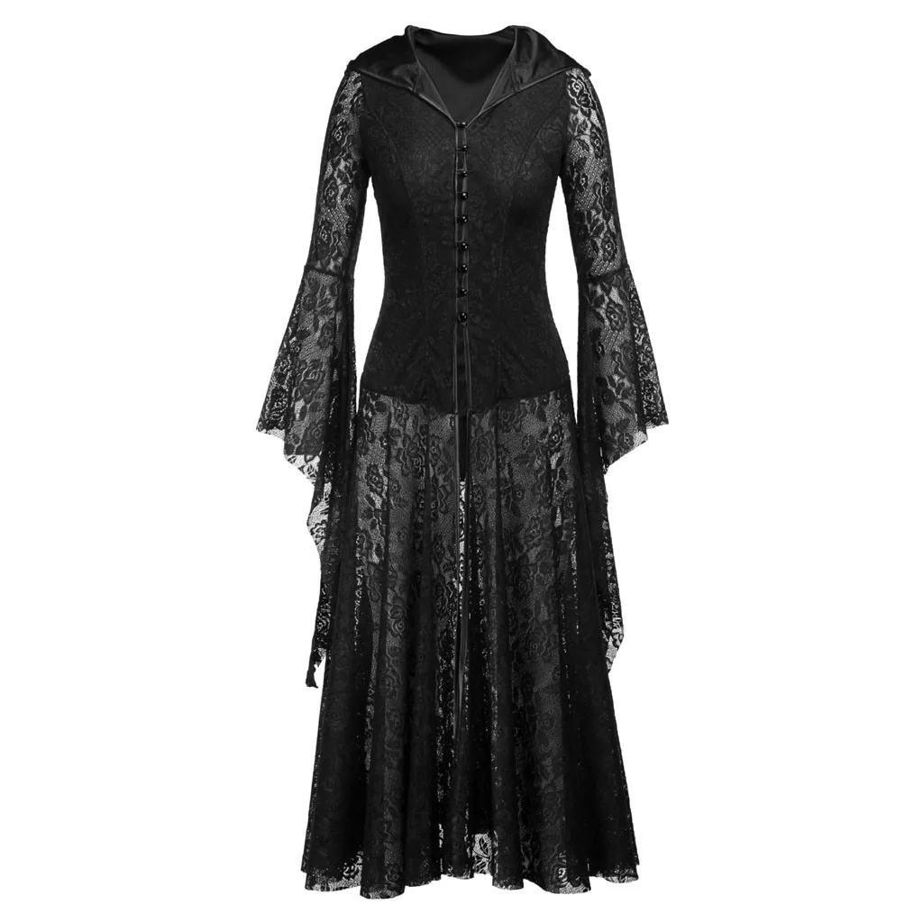 

Cosplay Women dress Halloween Party Lace Yarn Solid Zipper Long Sleeves Long Length Dress d90807