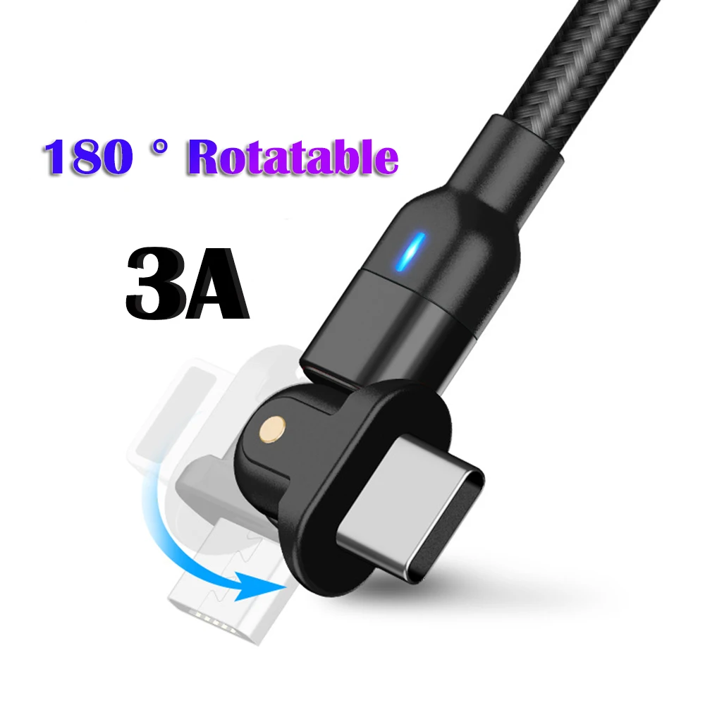 

USB Type C Data Cable 3A Fast Charging Wire For Xiaomi Samsung S10 S9 S8 Huawei 90°/180° Rotating USB C Mobile Phone Data Cord