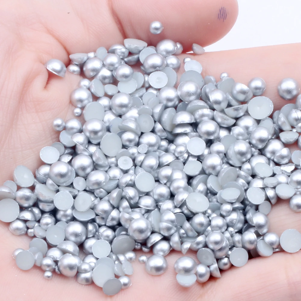 

Matte Silver Half Round Pearls 2mm-12mm Round Flatback Glue On Resin Beads Appliques For Wedding Dress Accessories