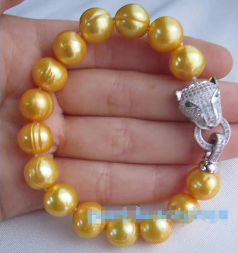 

10X10 JEWERLY FREE SHIPPING >> NATURAL 2016 NEW LEOPARD HEAD 11-12MM SOUTH SEA GOLDEN PEARL BRACELET