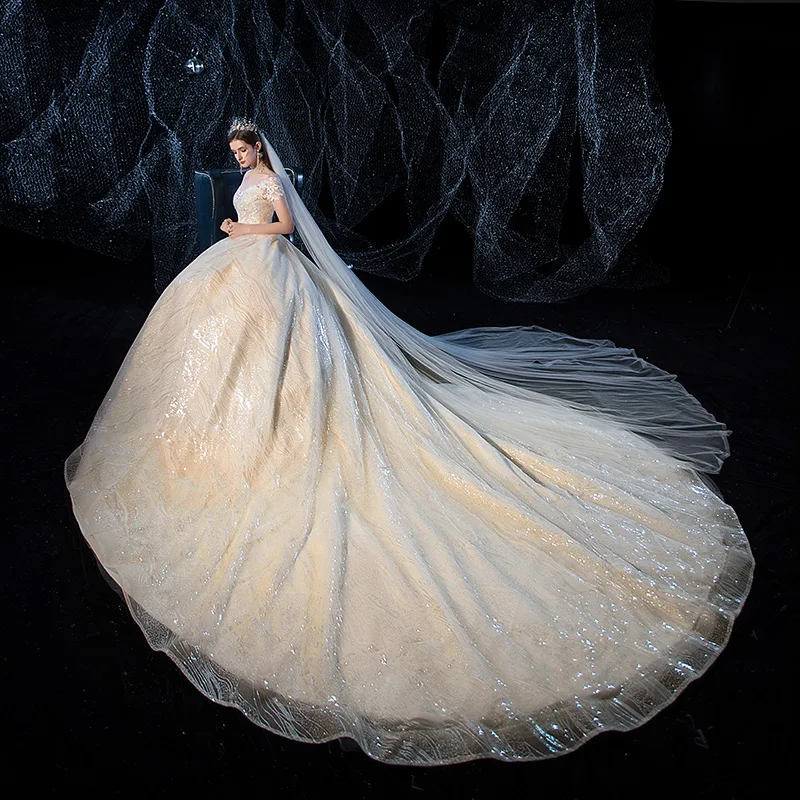 Wedding Dress Luxury Sequins Champagne Court Train Ball Gown Princess Cut-out Dresses Vestido De Noiva Custom Size | Свадьбы и
