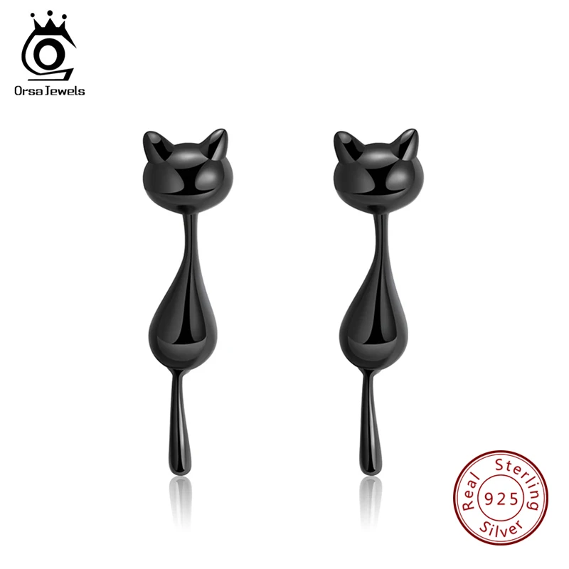 SE90 ORSA JEWELS, женские серьги из настоящего серебра, яркий черный цвет, кот, эмаль, дизайн, для девушек, серебряные, вечерние, ювелирное изделие - Цвет камня: SE90