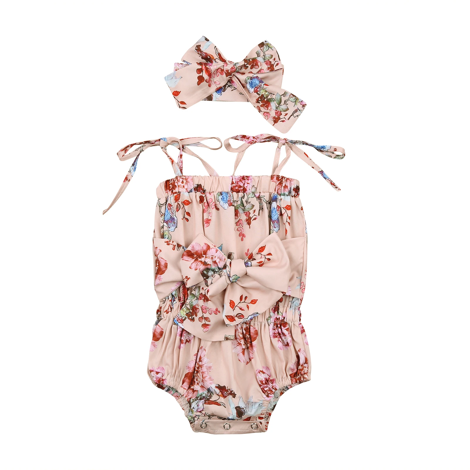 

pudcoco 2Pcs Toddler Summer Outfits, Floral Tied Spaghetti Straps Rompers + Bowknot Hairband Suit for 0-18 Months Baby Girls