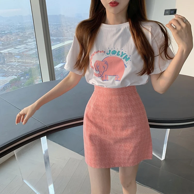 

Summer new fashion all-match printed T-shirt + thin high-waist plaid skirt A-line skirt suit