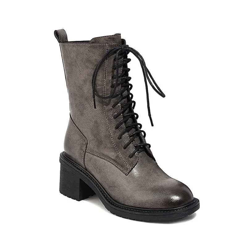 

2021 New Square High Heel Autumn Winter Short Boots Quality PU Leather Ankle Boots Round Toe Lace Up Women Shoes Size 34-40