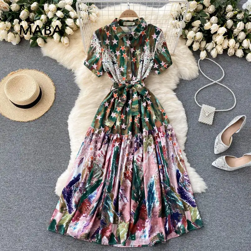 

2021 new summer green dress women's turn down collar button star print tie dye A-line dress streetwear big swing Robe Bodycon