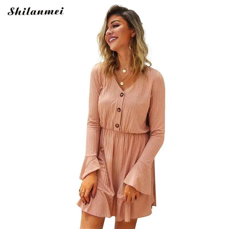 Сексуальное женское платье с v-образным вырезом расклешенными рукавами