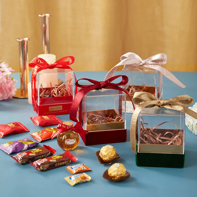 

10 Pcs/Lot Acrylic Square Candy Box Transparent Chocolate Packaging Gift Boxes With Ribbon Wedding Christmas Party Supplies