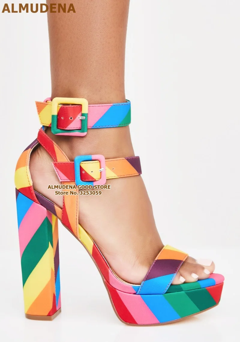 ALMUDENA Rainbow Strap Chunky Heel Sandals Multi-color Patchwork Platform Shoes Double Square Buckle Strap Banquet Shoes Pumps