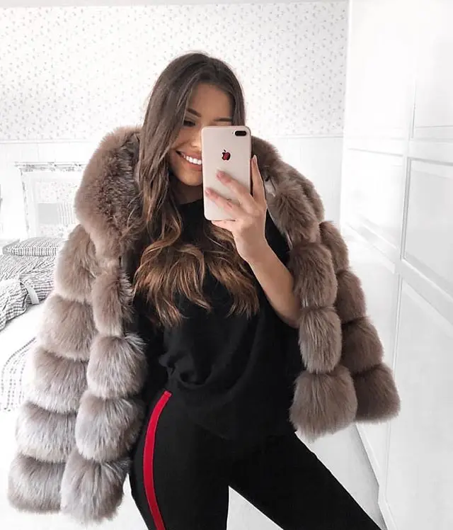 CP42 Khaki Шуба из искусственного лисьего меха, женская зимняя мода, длинный рукав, искусственный мех, пальто для женщин, теплое пальто с капюшоном, Женская куртка из искусственного меха - Цвет: CP42 Khaki