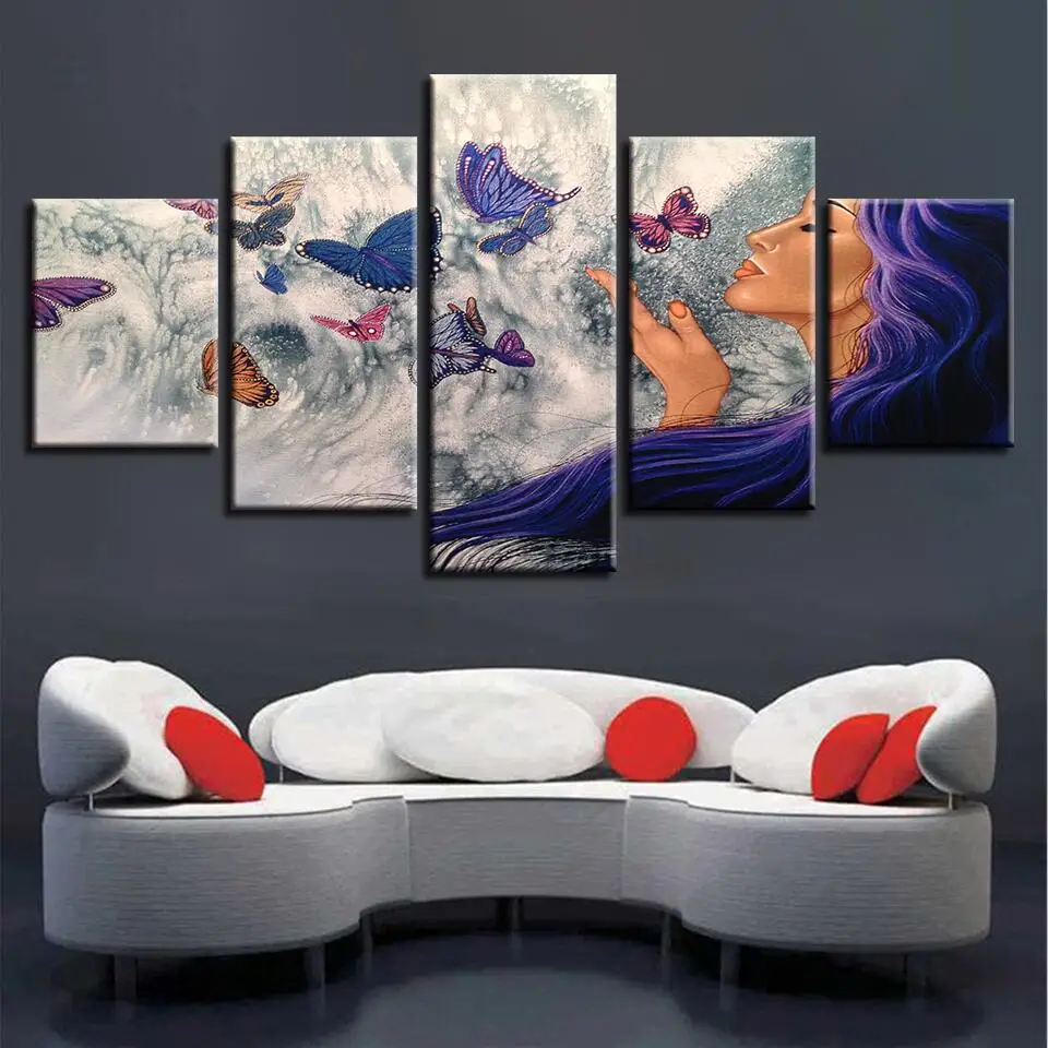 

Home Decor Office Frame Wall Artwork Poster Modern Canvas 5 Pieces Butterfly Flower HD Printed Modular Scenery Pictures Painting