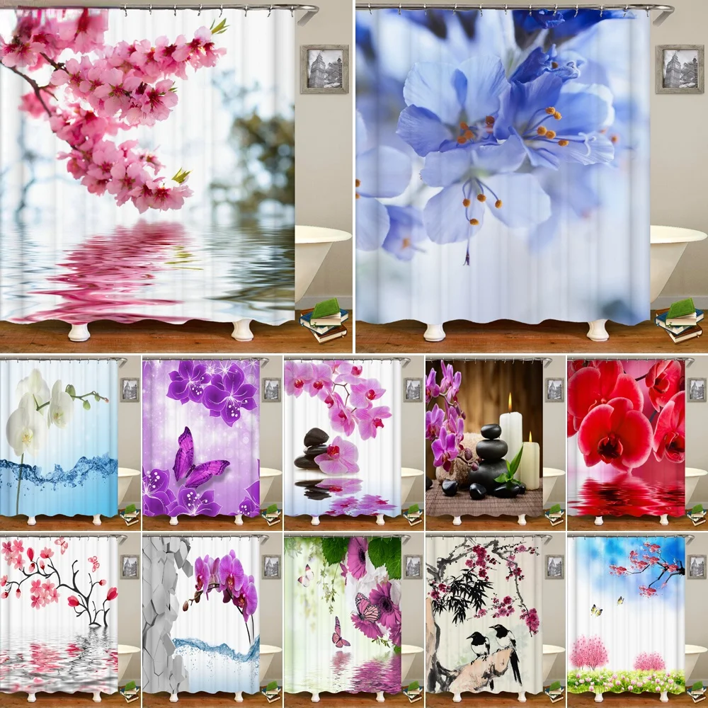 

Colorful Tulip Lotus Flowers Trees Shower Curtain Bathroom Curtains Nature Flower Waterproof Polyeste Fabric Bathtub Decor