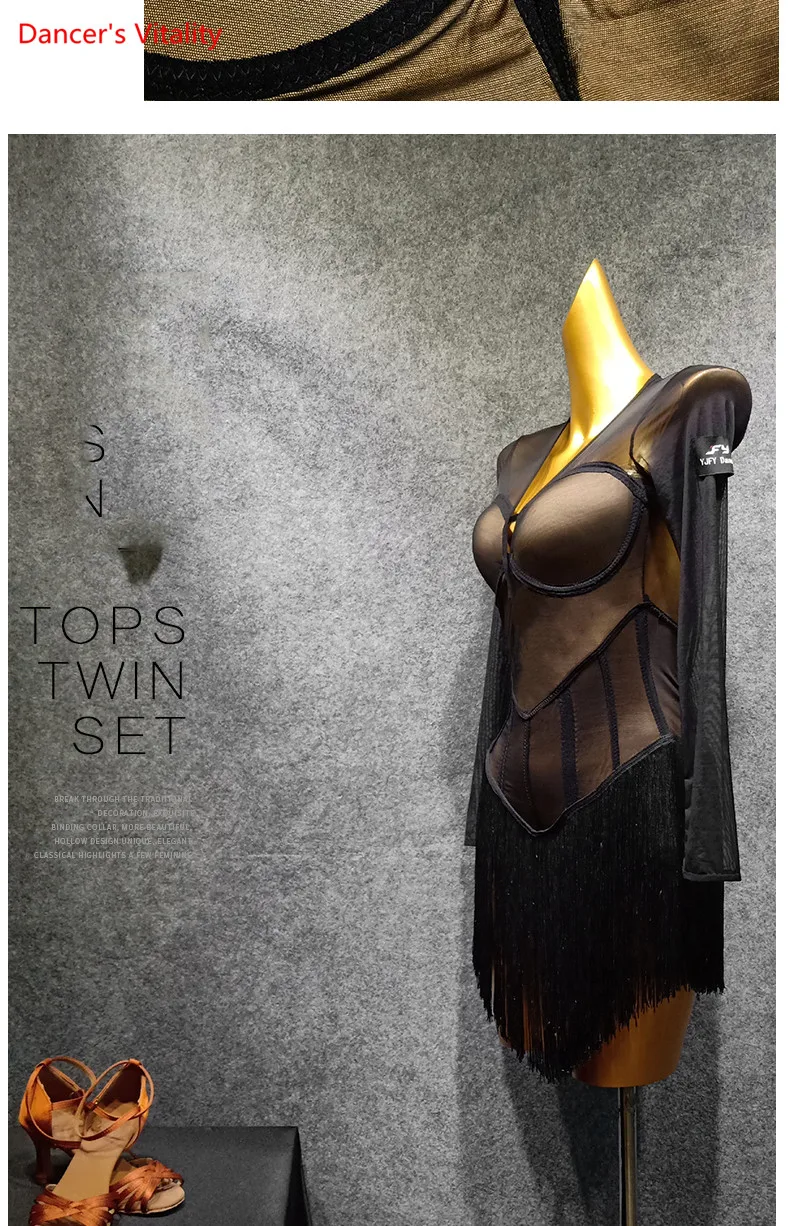 

Latin Dance Dress Women Black Long Sleeve Dress Gauze Vestido Flecos Flamengo Rumba/Samba/Tango Dress Black Dance Dresses