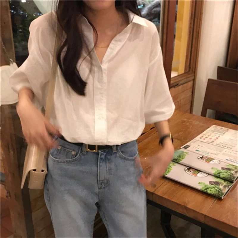 

2021 Spring Women Blouse Shirt Korean OL Style Office Shirts Casual Solid Short Sleeve Loose Plus Size Tops Y815