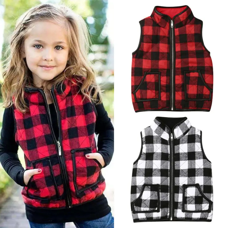 

Kids Girl Plaid Cotton Jacket Waistcoat Baby Zipper Coat Warm Outwear Clothes