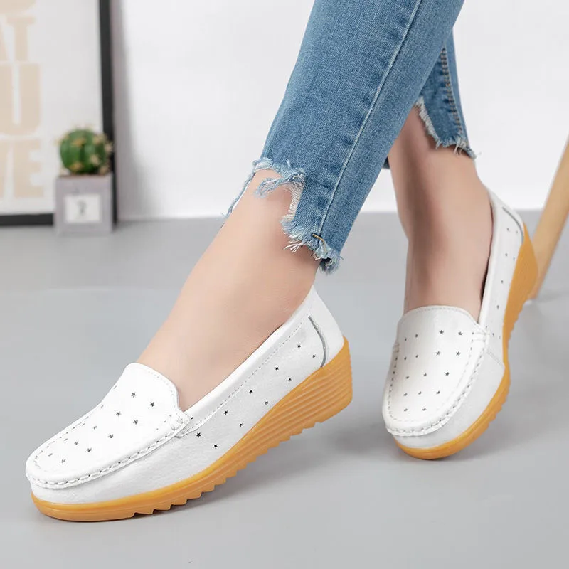 

2020 Spring Summer Breathable Hollow out White Platform Wedge Outdoor Sport Shoes Women Slimming Swing Sneakers Nurse Work Shoes