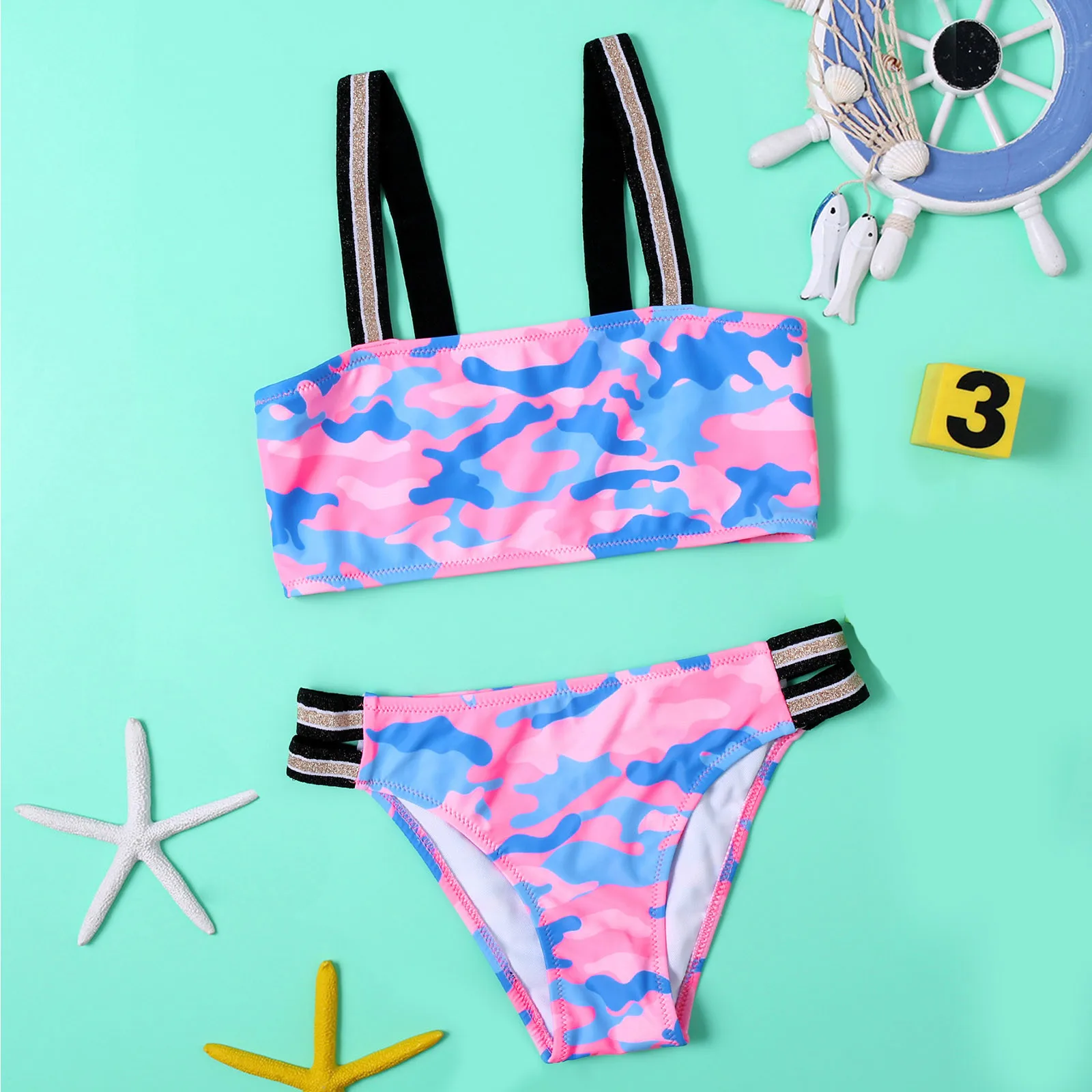 

TELOTUNY Swimwear Children Girls 2021 Summer Sleeveless Camouflage Color Two-Piece Swimsuit Bikini Set Kids Beach wear 10-16Y