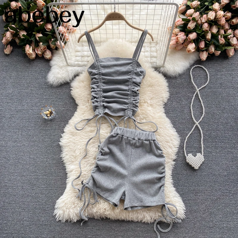 

2021 New Pleated drawstring Sling top + Lace-up Shorts Women 2pcs Chic Summer Suit Solid Slim Casual Set