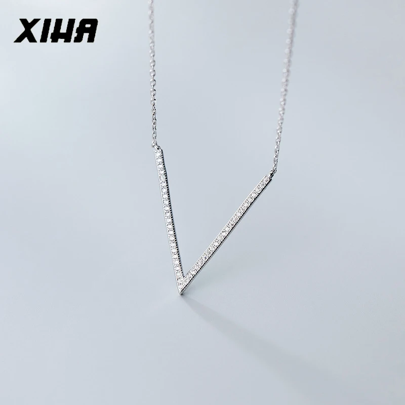 XIHA 925 Серебряное колье ожерелье для женщин Письмо V образный кубический цирконий модное ожерелье s для женщин заявление