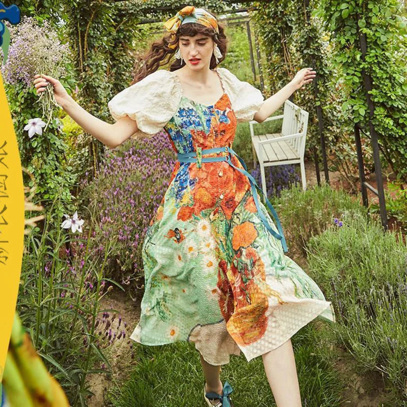 

Summer Designer Painting Sun Flower Print Van Goth Vintage Lady Dress Retro Square Neck Street Fashion Midi Dress Frocks Holiday