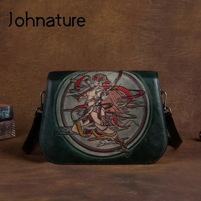 Johnature Vintage Embossed Genuine Leather Women Bag 2022 New Creative Constellation Totem Cowhide Shoulder & Crossbody Bags
