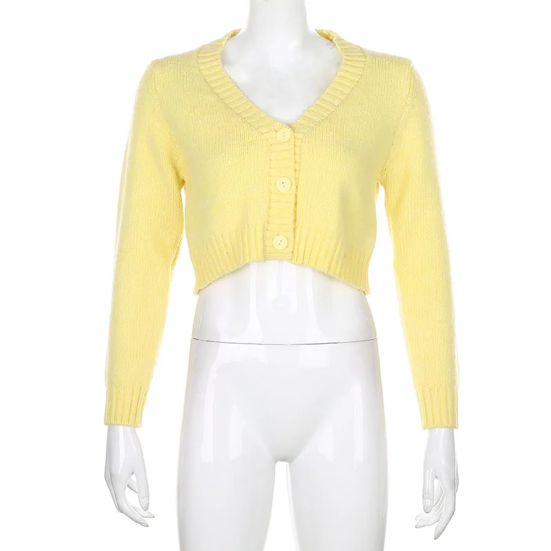

S-L Women\u2019s Solid Color Short Knit Cardigan V Neck Buttons Long Sleeve Sweaters Shawl Coats Tops