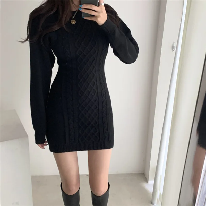 

Women Autumn Winter Temperament Twist Knitted Dress Fashion Hollow Out Waist Sweater Dress Casual Slim Long Sleeve Bodycon Dress