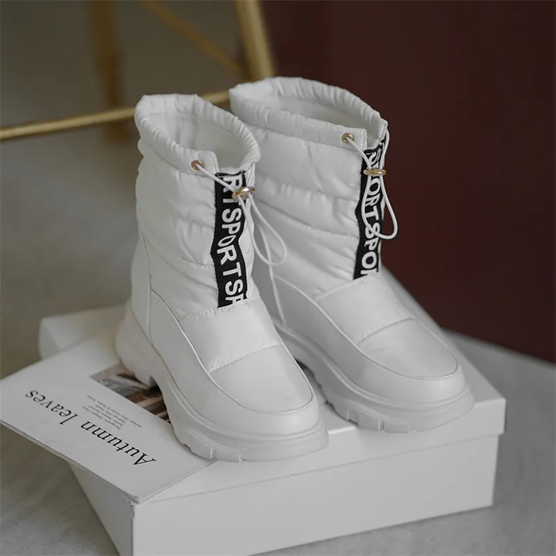 

Meotina Snow Boots Women Med Heel Shoes Thick Heel Ankle Boots Round Toe Short Boots Ladies Winter Warm White Black Big Size 43