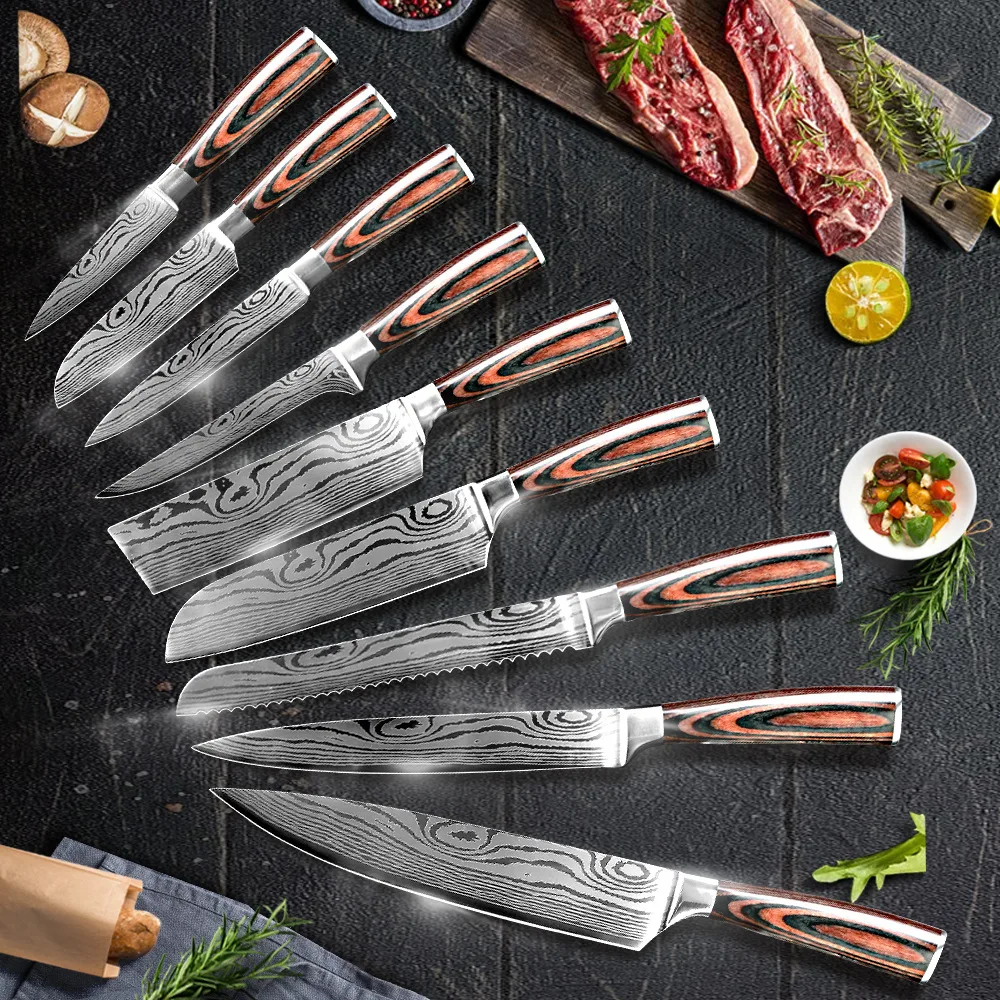

Kitchen Knife 9Pcs Set Chef Japanese 7CR17 440C Stainless Steel Damascus Drawing Gyuto Meat Cleaver Slicer Santoku Cook Tools