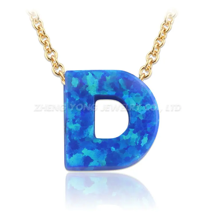 26 Letters Opal Necklace OP05 Blue Initial with Silver Plated Brass Chain |