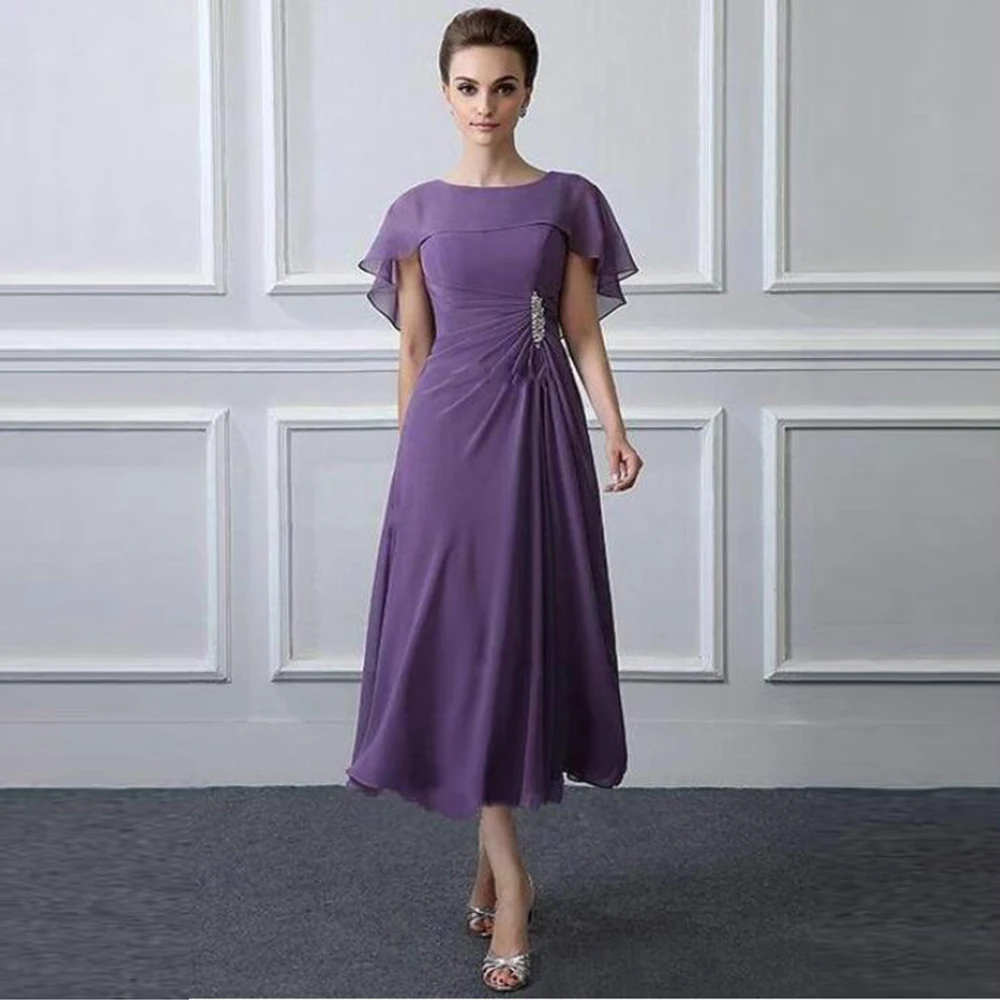 

2021 Latest Affordable Purple Tea Length Chiffon Mother of the Bride Dresses Jewel Neckline Wedding of Groom Gowns Beaded