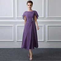 2021 latest affordable purple tea length chiffon mother of the bride dresses jewel neckline wedding of groom gowns beaded