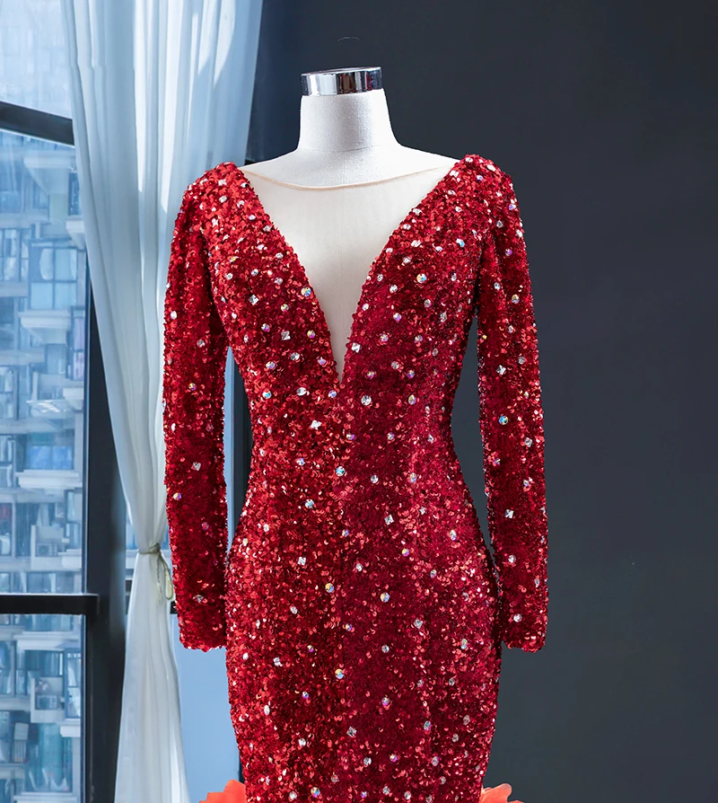 Вечернее платье с юбкой годе J67003 Длинное Красное Кружевное со шлейфом блестками