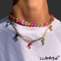 fashion cute rainbow mushroom heart beads choker necklace for women boho handmade simple beaded chain necklaces new jewelry gift
