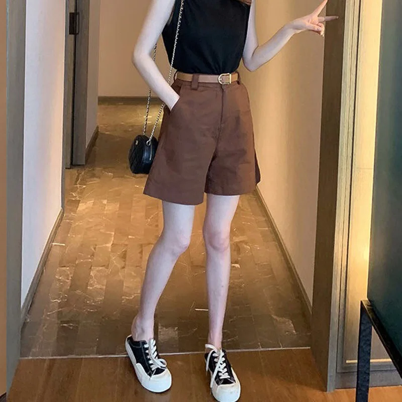 

Summer Shorts for Women High Wasited Casual Solid Cotton Loose Wide Leg Shorts for Girls Soft Cool Female Khaki Short With Belt