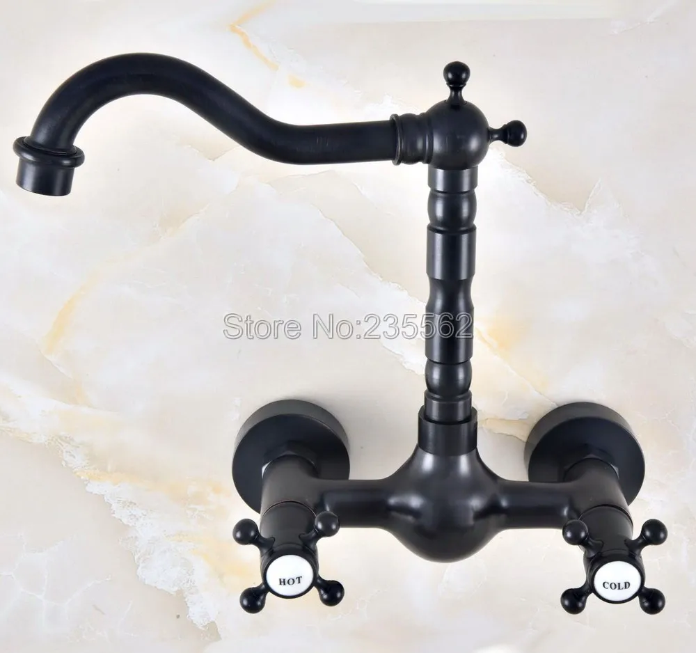Черный латунный кран для раковины настенный с двойной ручкой ванной комнаты