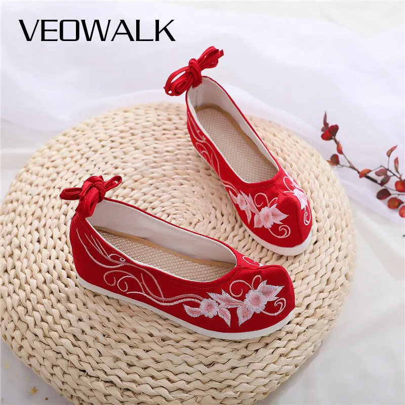 Veowalk Vintage Women Canvas Costume Flat Platforms Shoes Nose Toe Flower Embroidered Ladies Casual Flats Chinese Hanfu | Обувь