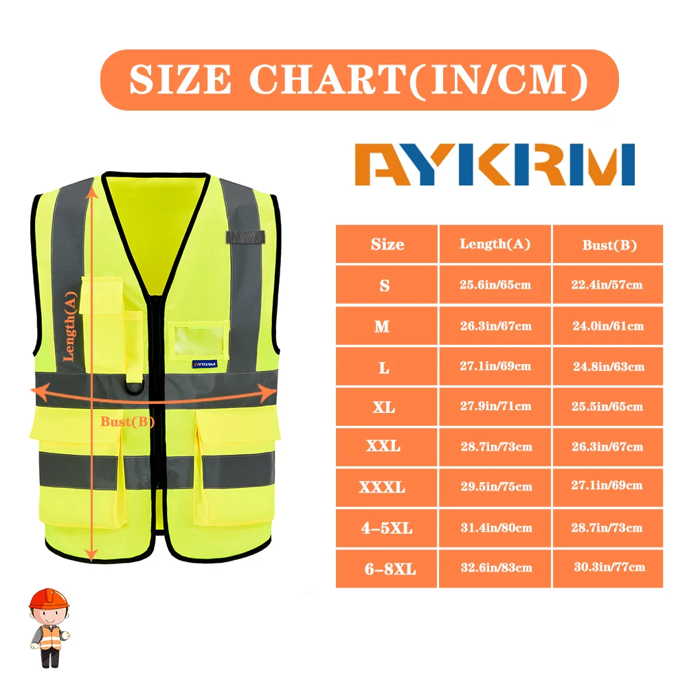 AYKRM 21 цвет (XS-8XL) высокая видимость светоотражающие защитные Безрукавки на молнии