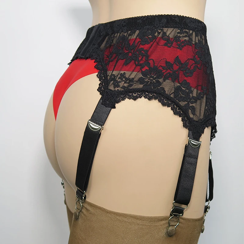 Sexy Black Mesh Garter Belt Lace Embroidery Transparent Suspender 6 Straps Metal Clip for Women Stockings Leg Harness