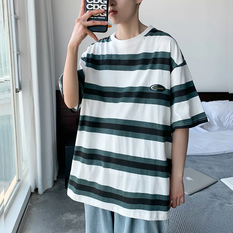 

2021 Summer Hot Sale Men Pure cotton Short sleeve T shirt Multicolor tide brand Comfortable ins stripe Splicing T shirt XXL