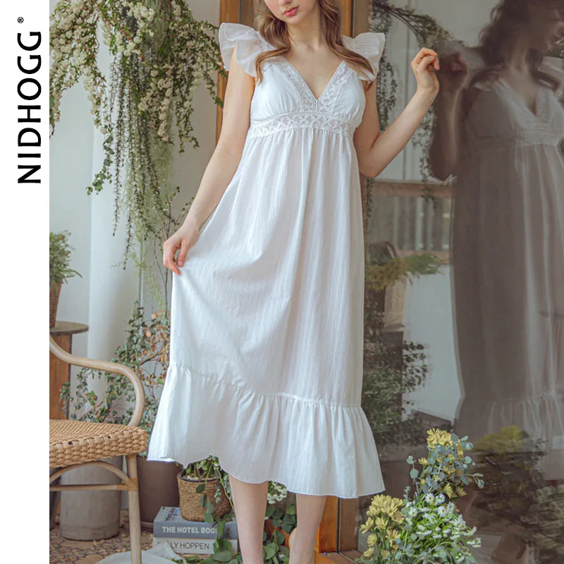 

Elegant Dress of Palace Household Clothes Summer V-neck Chest Pad Fashion Ladies Nightdress Cotton Lace Solid Sleeping Dress