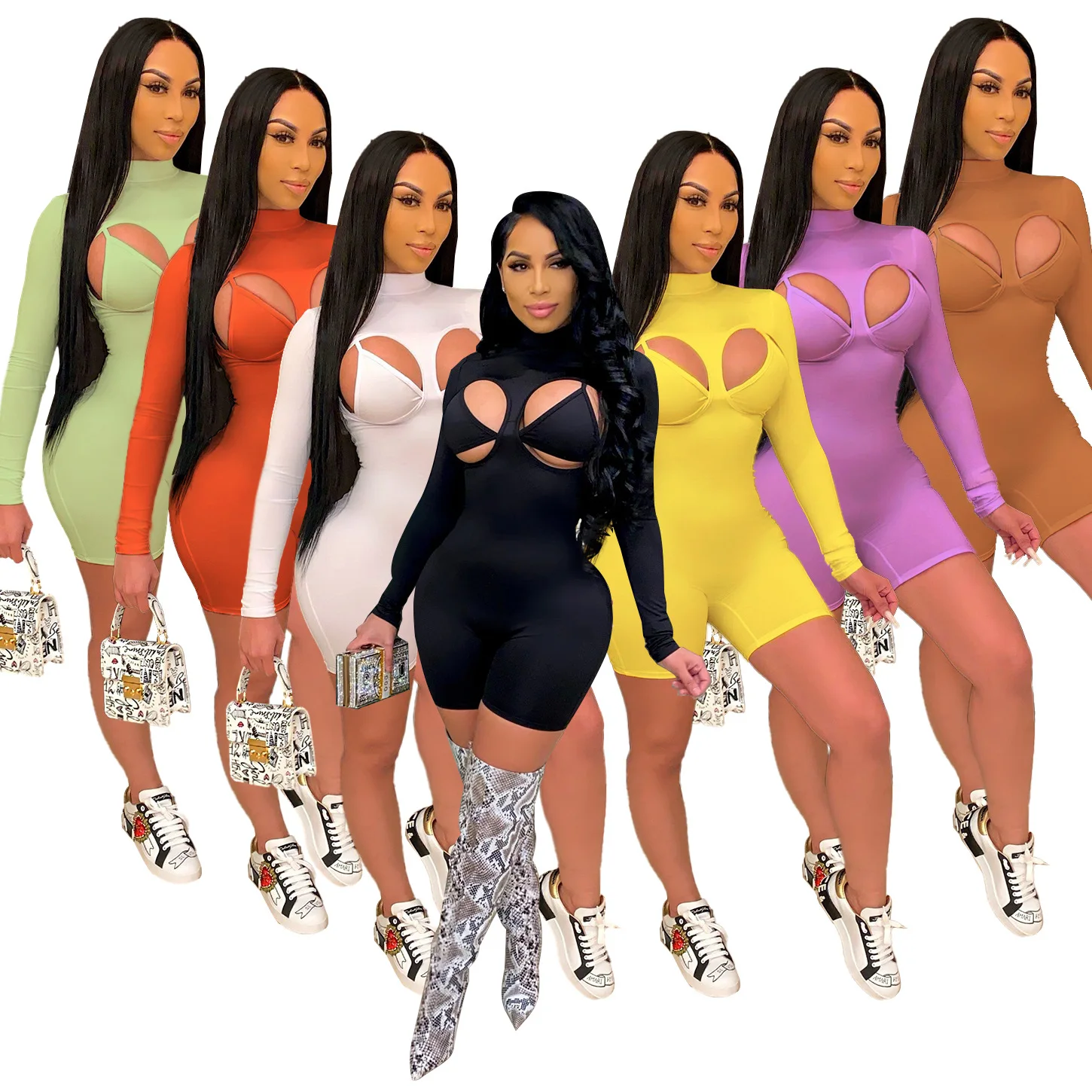 

RT Women Jumpsuit Long Sleeve Turtleneck Bra Top Short Pants High Elasticity Bodysuit Casual Skinny High Street Outdoor Wear
